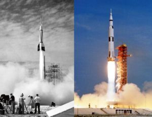 Старты с м.Канаверал: слева — запуск двухступенчатой ракеты Бампер-ВАК (24.07.1950), справа — старт «Сатурн-V» с КК «Аполлон-11» (16.07.1969)