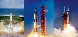 РН «Сатурн»: слева — последний старт РН «Сатурн-1», в центре — старт РН «Сатурн-V» с КК «Аполлон-11», справа — последний старт РН «Сатурн-1В» 15.07.1975