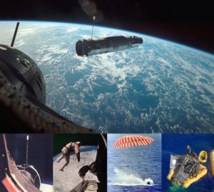 Вверху — КК «Джемини-10» приближается к ракете «Аджена» (фото Майкла Коллинза); крайнее фото слева внизу — стыковка осуществлена, видна радарная антенна «Аджены»; второе фото слева внизу — выход Эдварда Уайта в открытый космос («Джемини-4»); следующее фото внизу — приводнение «Джемини-9» (Томас Стаффорд и Юджин Сернан); крайнее фото справа внизу — «Джемини-8» с Нейлом Армстронгом и Дэвидом Скоттом