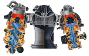 Основные турбонасосы ЖРД SSME с газогенераторами: горючего (слева) и окислителя (справа)